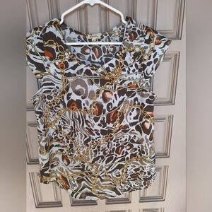 Lily White Top SzM Cap Sleeves V Neck Earthtone Abstract Print Lightweight Nice